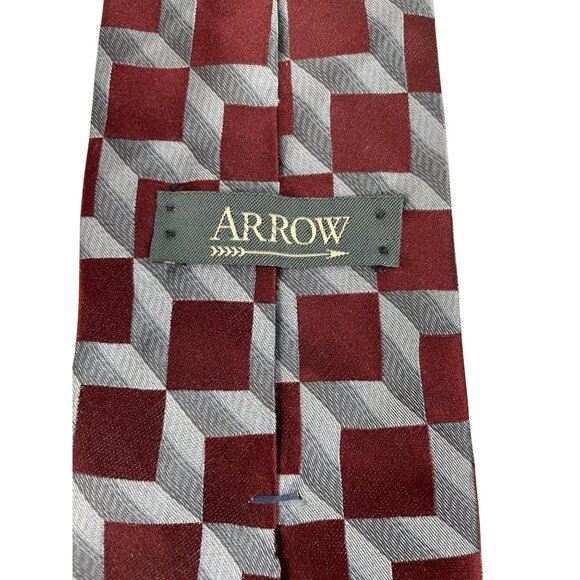 Arrow Burgundy & Gray Geometric Print 100% Silk Mens Tie Necktie - Picture 4 of 6